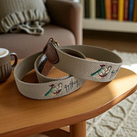 GUY HARVEY Men's Embroidered Fish Tan Leather Trim Belt Size 38 - Picture 1 of 7